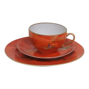 Cpo Japan Porcelain Red Gold Birds Tea Cup Saucer and Dessert Plate Set