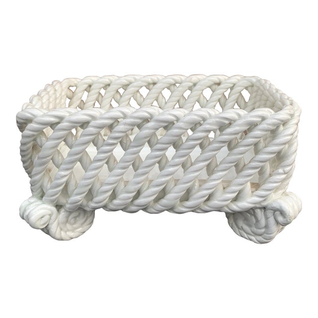 1980s French Country White Ceramic Woven Rope Cachepot Basket For Sale