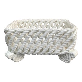 French Country Trompe l'Oeil Porcelain Rope Basket Cachepot For Sale