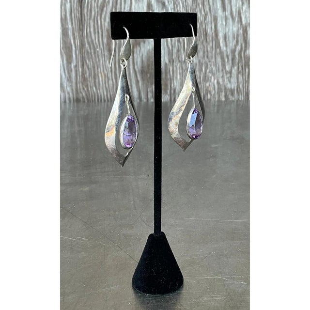 Metal Vintage Sterling Silver Amethyst Drop Earrings For Sale - Image 7 of 12