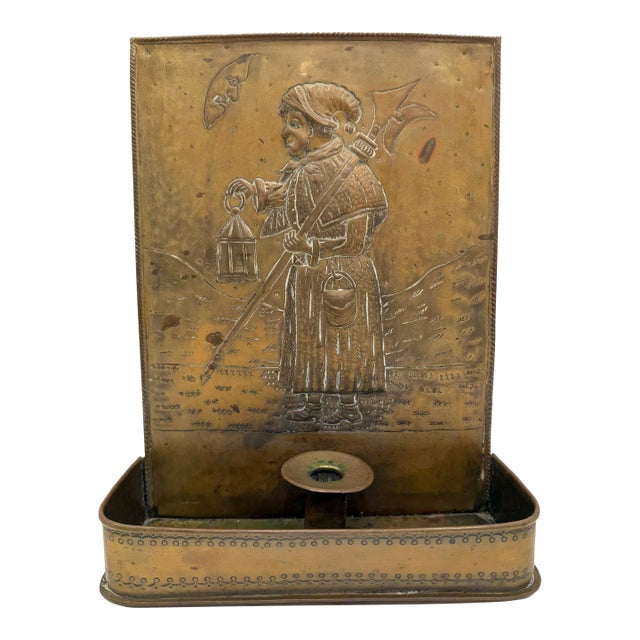 Antique Victorian-Era Repousse Brass Wall-Mounted Match Holder For Sale