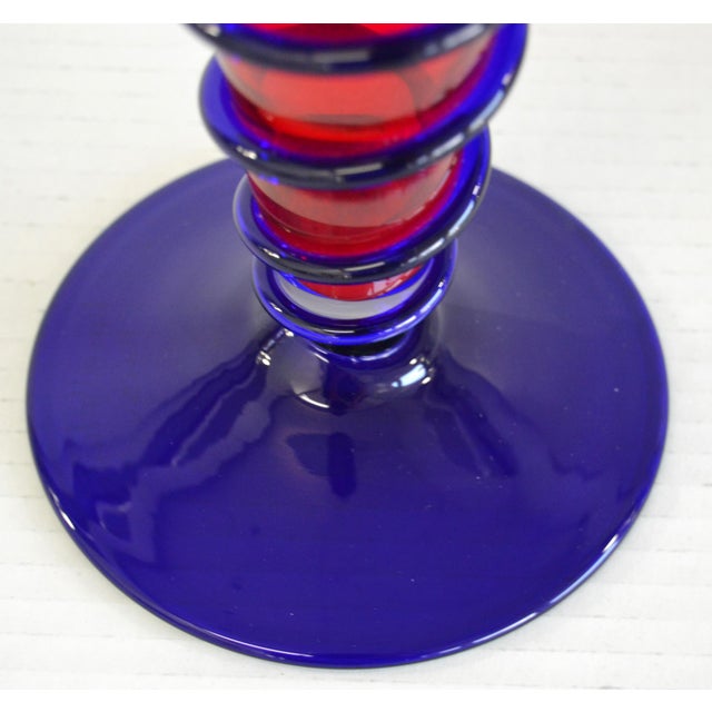 Signed Murano Blown Red Blue Swirl Art Glass Vase Italy For Sale - Image 9 of 12