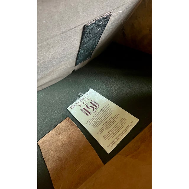 Wood Vintage Bradington-Young Hand-Brushed Aniline Leather Tufted English Club Suite With Wingback Chair, Ottoman and Loveseat For Sale - Image 7 of 14