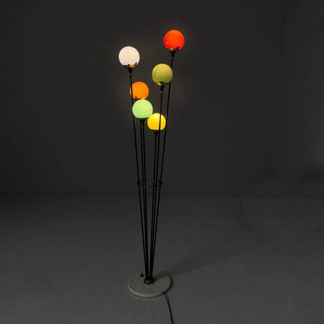 Italian mid-century modern colored glass, marble brass and metal floor lamp Alberello by Stilnovo, 1950s Alberello floor...