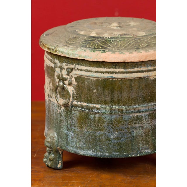 202 BC Chinese Han Dynasty Glazed Terracotta Lidded Vessel with Feet For Sale - Image 9 of 13
