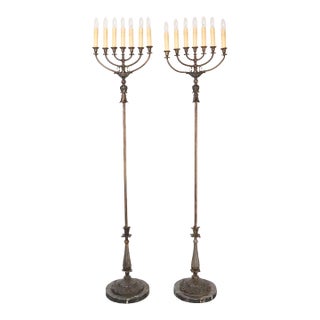 Pair of Bronze Electrified Standing Menorah Candelabras For Sale
