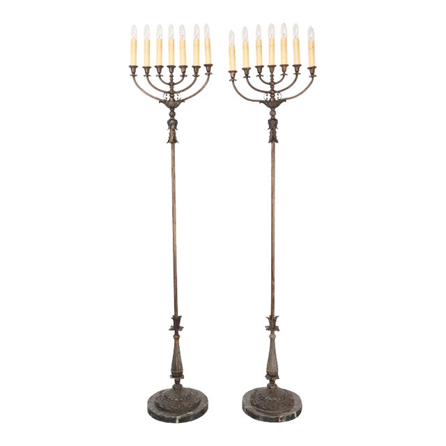 Pair of Bronze Electrified Standing Menorah Candelabras For Sale