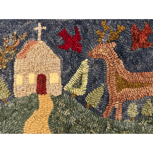 Folk Art Hooked ABC’s Rug, Textile Art Featuring Hearts, Deer, Church