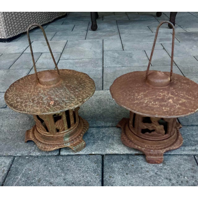 Copper 1940s Heavy Cast Iron Pagoda Hummingbird Lanterns - Set of 2 For Sale - Image 8 of 10