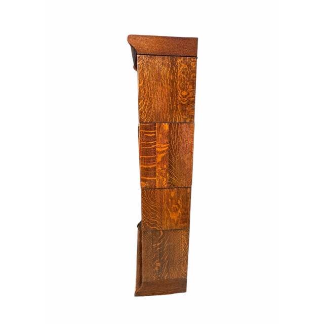 Antique Arts & Crafts Four Section Tiger Oak Lyre Carved Barrister Bookcase For Sale - Image 10 of 11