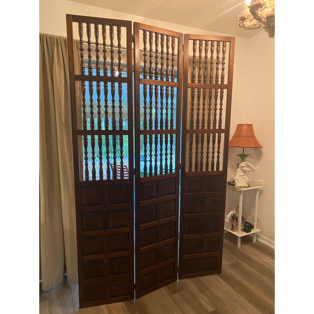 Mid Century Wooden Room Divider Room Screen Walnut With Spindle and