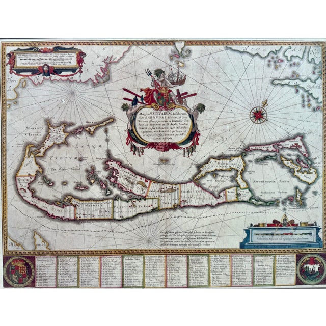 Traditional 17th Century Willem Janszoon Blaeu (Dutch, 1571–1638) “Mappa Aestivarum Insularum Alias Bermudas,” C. 1635–1650 Hand-Colored Copperplate Engraving For Sale - Image 3 of 12