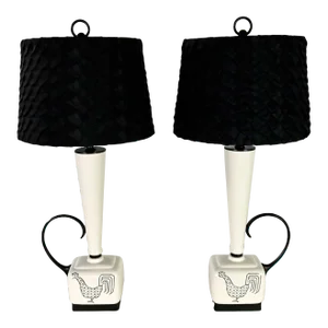Mid Century Modern Black and White Ceramic Lamps W/ Rooster Design, a Pair