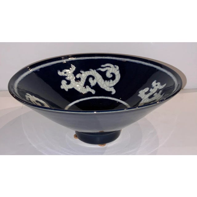 2020s Asian Modern Blue and White Glazed Flared Dragon Bowl For Sale - Image 5 of 5