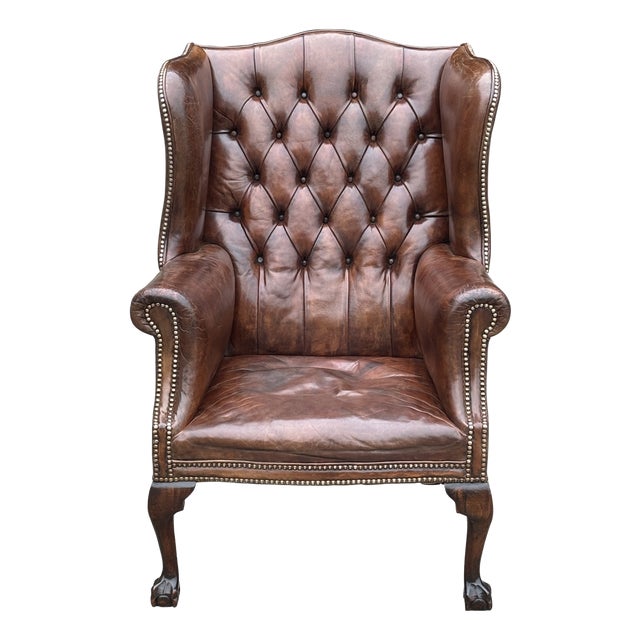 Brown Leather Button Wing Armchair, 1860s For Sale