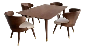 Mid-Century Modern Style Walnut Dining Set, Sculptural Barrel Back Chairs, Malaysia 2020