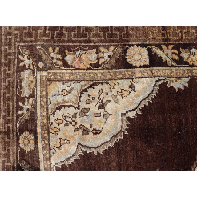 Mid 20th Century Mid 20th Century Brown Background Floral Medallion Vintage Turkish Kars Rug in Ivory and Taupe For Sale - Image 5 of 14