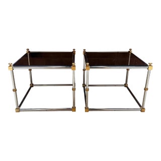 Vintage 1970s Maison Jansen Chrome, Brass & Smoked Glass End Tables, Italian Modern For Sale