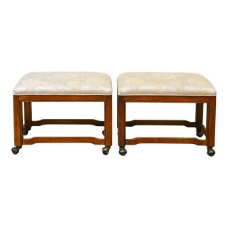 Pair of Carved Drexel Heritage Mid Century Modern Rolling Upholstered Benches For Sale