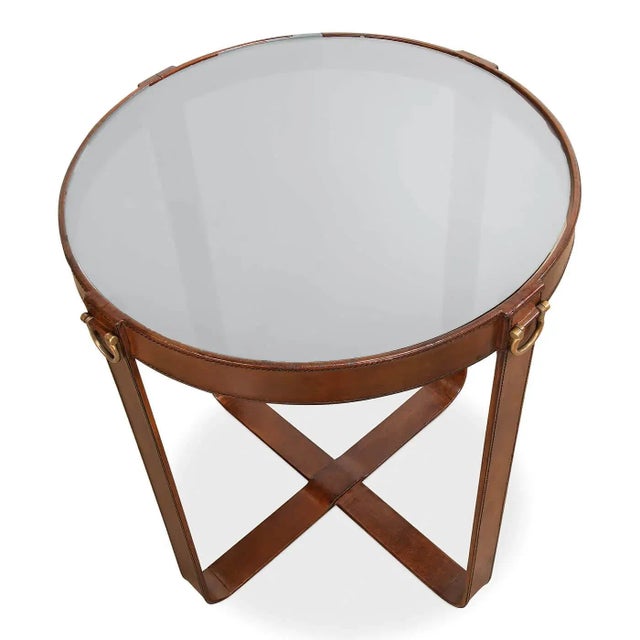 Industrial Round Leather End Table For Sale - Image 4 of 10