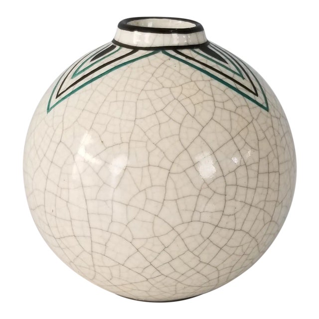 Vintage Hand Painted White Crackle Ceramic Vase For Sale