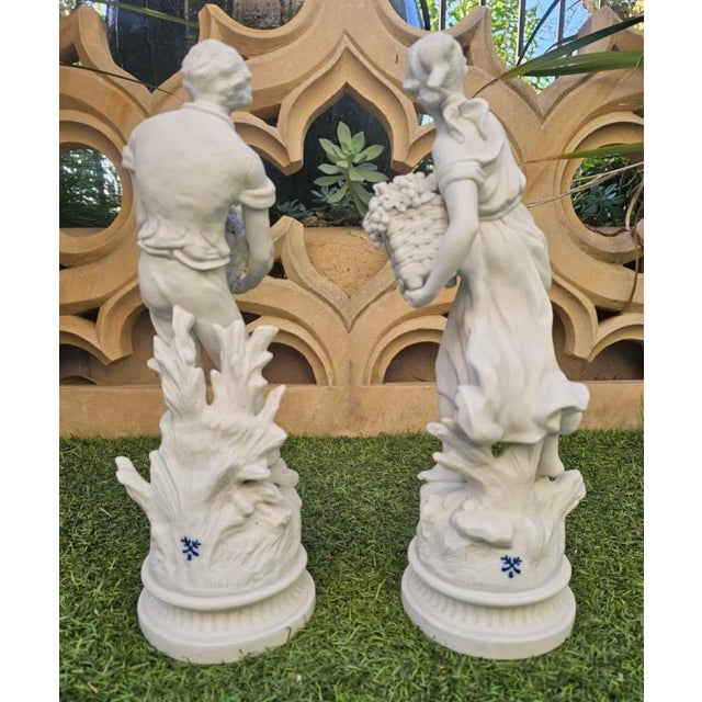 Pair of 19th C French Bisque Porcelain Peasant Figures“Paysan Aux Raisins” and “Paysanne Aux Raisins,” After Hippolyte François Moreau, Samson, Paris For Sale In San Diego - Image 6 of 12