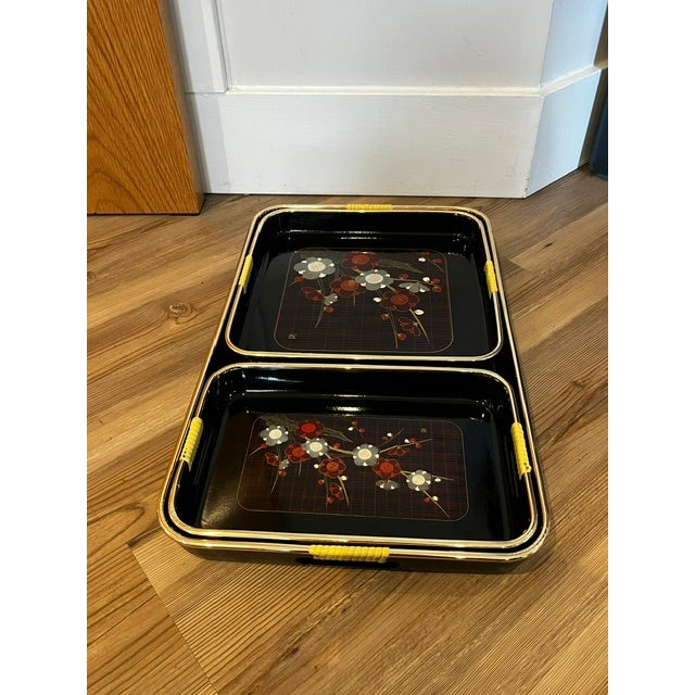 Vintage Japanese Black Lacquer Serving Trays For Sale - Image 10 of 12