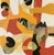 Golden yellow and tangerine shapes stack across a cream ground, with brick red and black forms adding weight. Crescent...