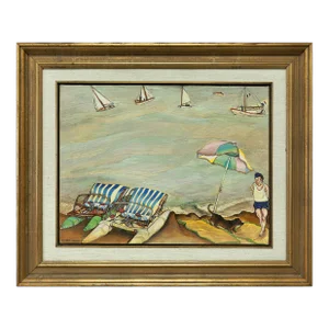 Pincas Moreno, Surrealist "Le Parasol" French Riviera Scene, Paddle Boats Oil Painting