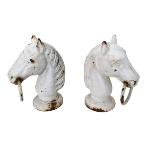 Matched Pair of Authentic Antique Cast Iron Horse Head Hitching Posts Circa Early 20th Century