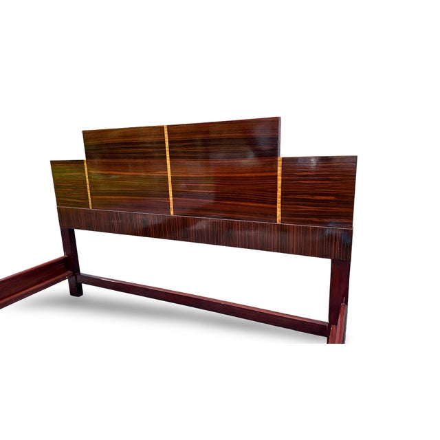 Art Deco 1930s Italian Art Deco Burl Maple and Rosewood Waterfall Queen Bed For Sale - Image 3 of 12