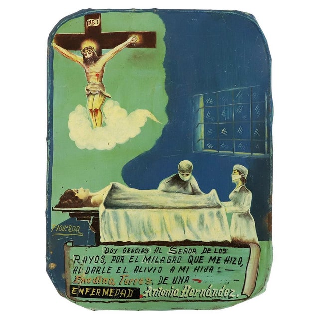 1960s Original Mexican Retablo "Exvotos" Oil on Tin For Sale - Image 13 of 17