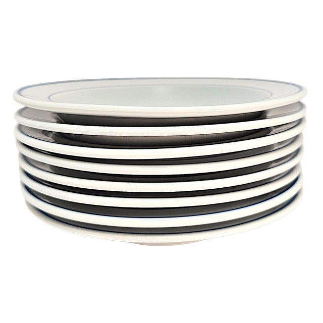 1970s Modern Alföldi Blue Band Alf5 Hungarian Porcelain Rimmed Soup Bowls, Set of 8 For Sale - Image 4 of 10