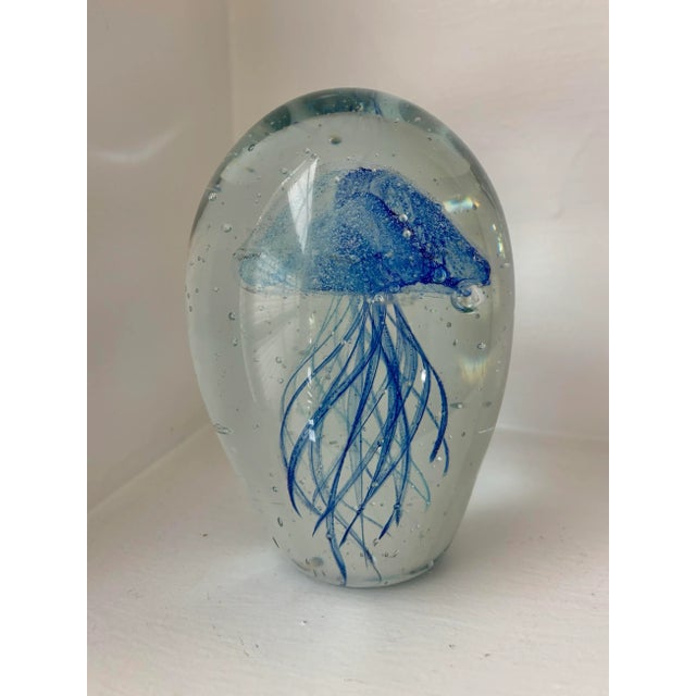 This blue jellyfish paper weight, after Murano Art Glass, was treated with a chemical which makes it glow for a while when...