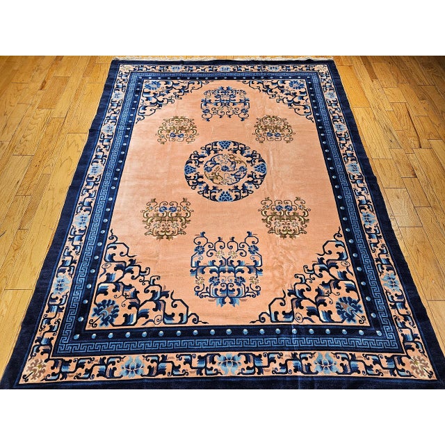 Early 20th Century Art Deco Chinese Rug, Handwoven Wool Pile, Apricot & Navy, Lotus Motif, 8' x 11' For Sale - Image 4 of 18