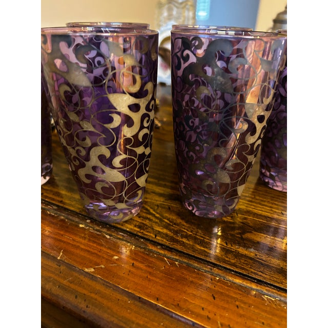 Set of Six Amethyst with Gold Scrollwork Drinking Glasses. 20th Century. Excellent Condition. Five and one-half inches...