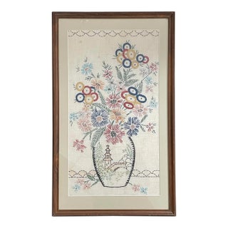 Vintage Embroidered Linen Floral Still Life in Asian Vase For Sale