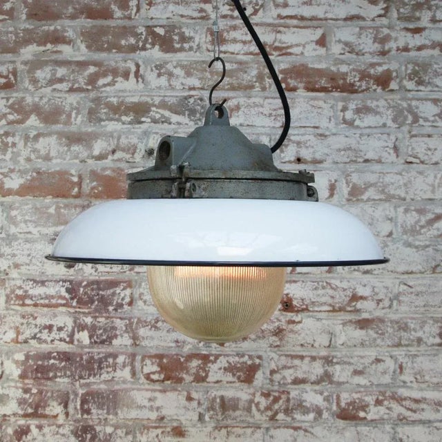 Vintage Industrial White Enamel, Cast Iron & Holophane Glass Pendant Light For Sale - Image 6 of 8