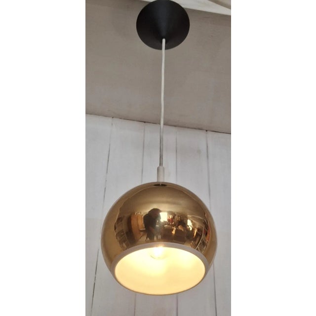 1970s Vintage Ceiling Lamp with Spherical Gold-Colored Metal Shade and White Reflector, 1970s For Sale - Image 5 of 7