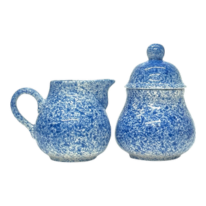 Vintage Mid-Century Modern Blue & White Splatterware Creamer and Sugar Bowl Set