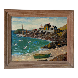 Vintage Impressionist Coastal Harbor Oil Painting on Canvas - Framed