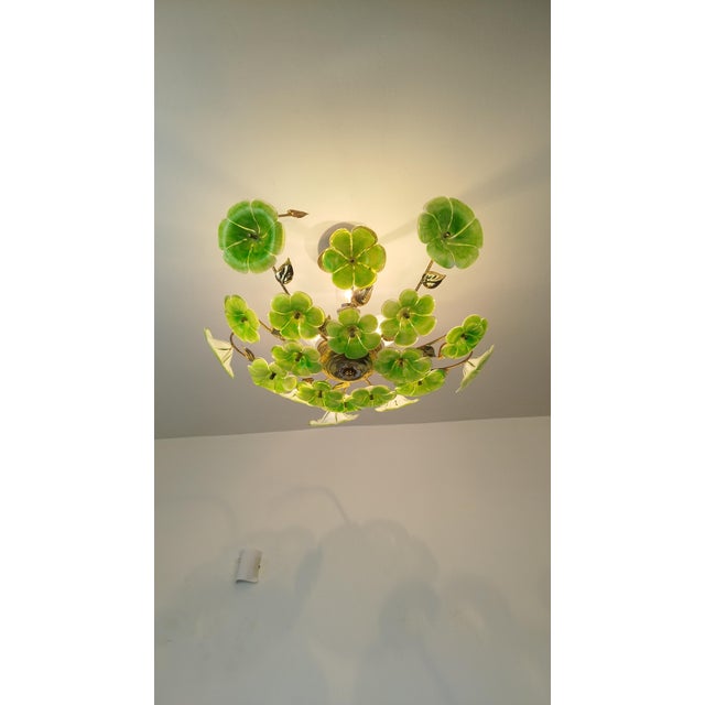 Italian Vintage Green Murano Styled Glass Flush Mount Chandelier Floral Ceiling Light – Hand Painted 1970s For Sale - Image 3 of 11