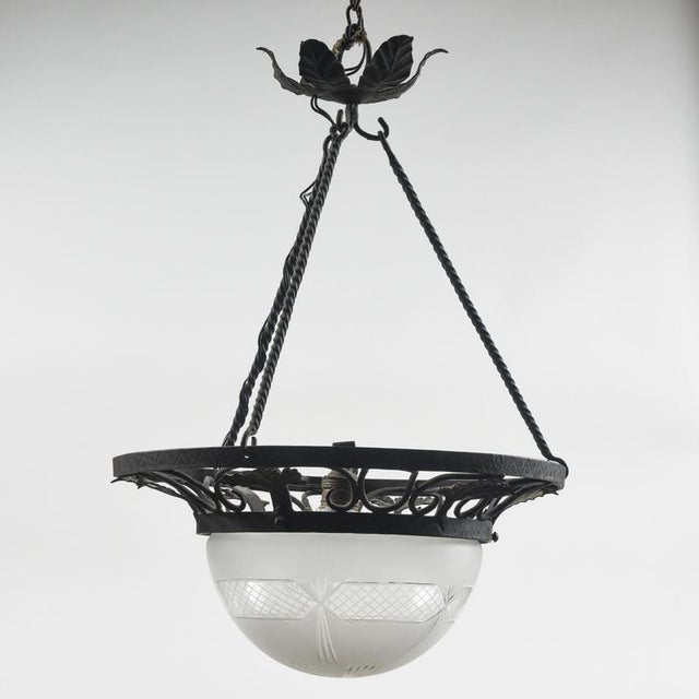 Iron chandelier with art nouveau style glass hood measures 40 x h 112 category chandelier style dimensions: height cm 112...