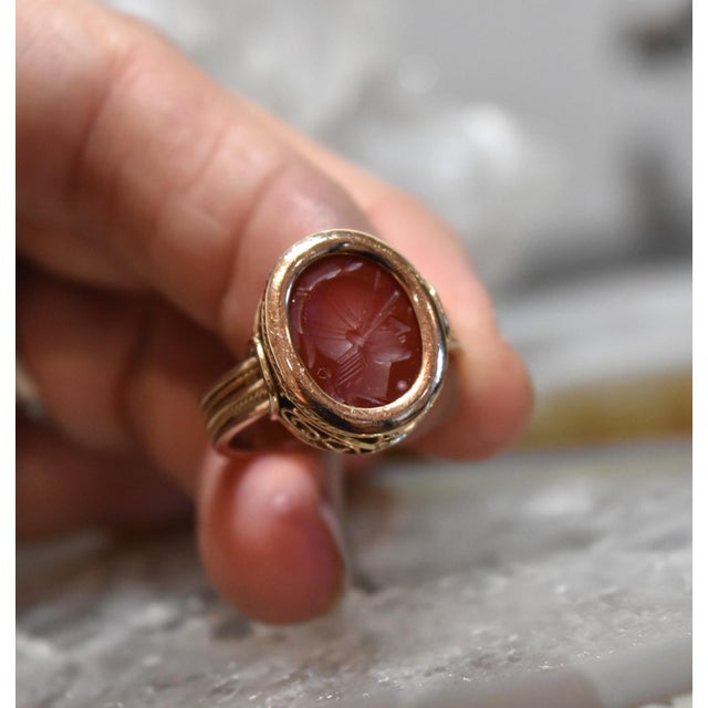 1930s 14k Yellow Gold Carnelain Soldier Warrior Intaglio Signet Ring Sz 10.25 For Sale - Image 13 of 17