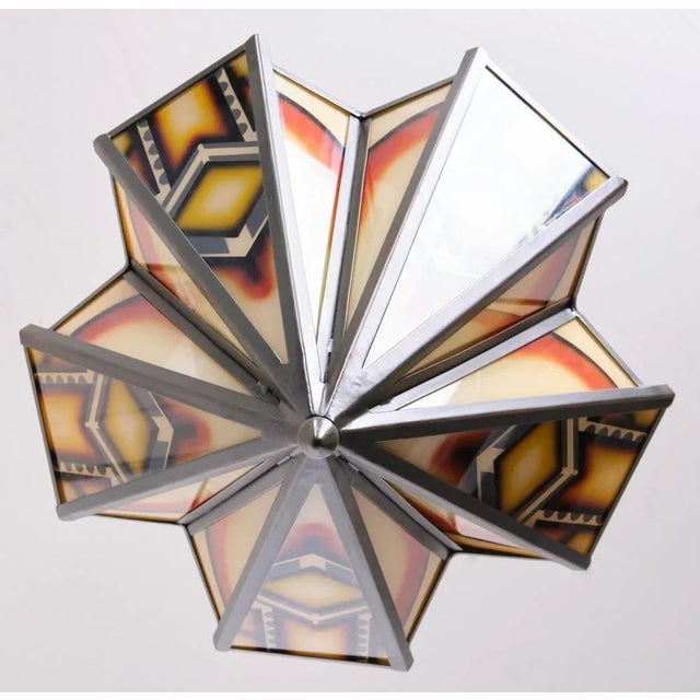 Very nice stained Glass Chandelier, shaped like a folding Umbrella , In a Amsterdamse School , Art Deco style . Fittings...
