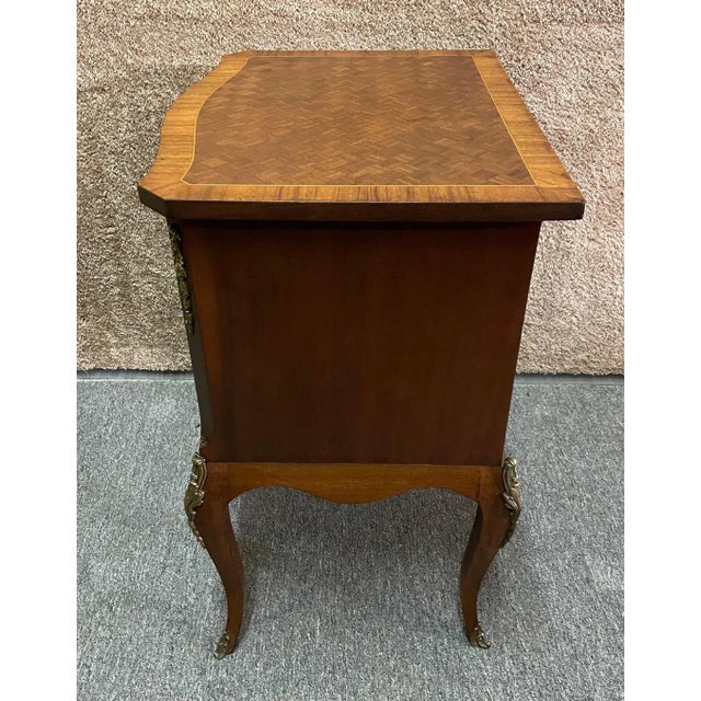 Metal Vintage French Style Wood/Parquet Inlaid Three Drawer Chest W/Brass Ormolu For Sale - Image 7 of 10