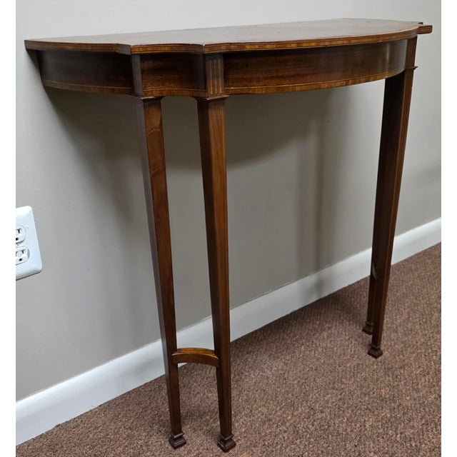 American Federal Inlaid Mahogany Wall-Mounted Demi-Lune Pier Table With Radiating Fan Inlay and Stringing, Circa 1800 For Sale - Image 4 of 18