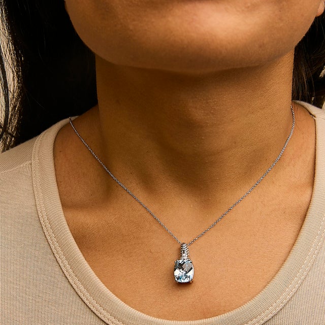 .925 Sterling Silver Blue Topaz and Diamond Accent Textured Pendant Necklace - 18" Inches For Sale - Image 4 of 5