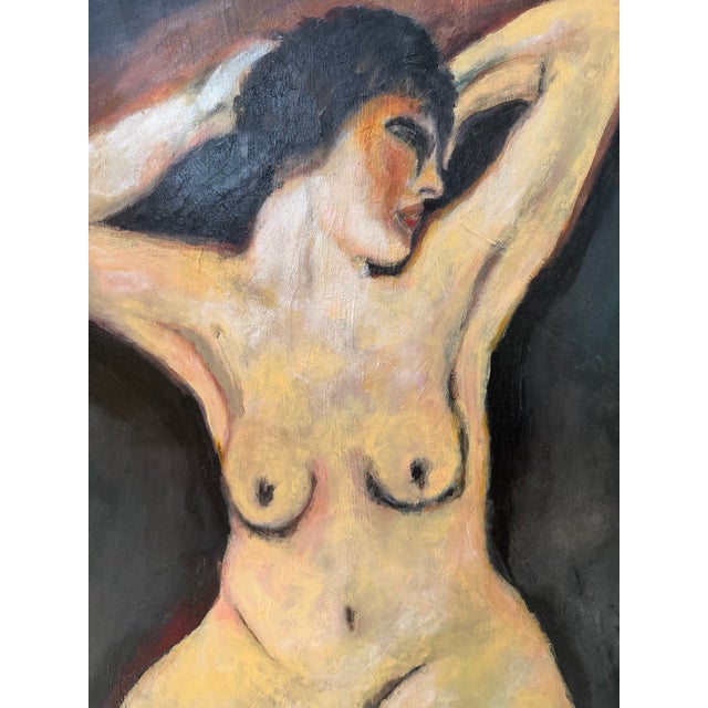 An evocative vintage painting featuring a nude female figure in a graceful, introspective pose. Rendered in warm earthy...