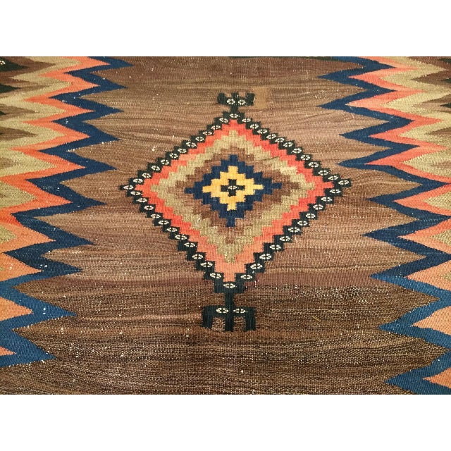 Brown Antique Persian Qashqai Tribal Sofreh Kilim Rug, Handwoven Wool, Geometric Pattern, Brown, 4x4 For Sale - Image 8 of 13